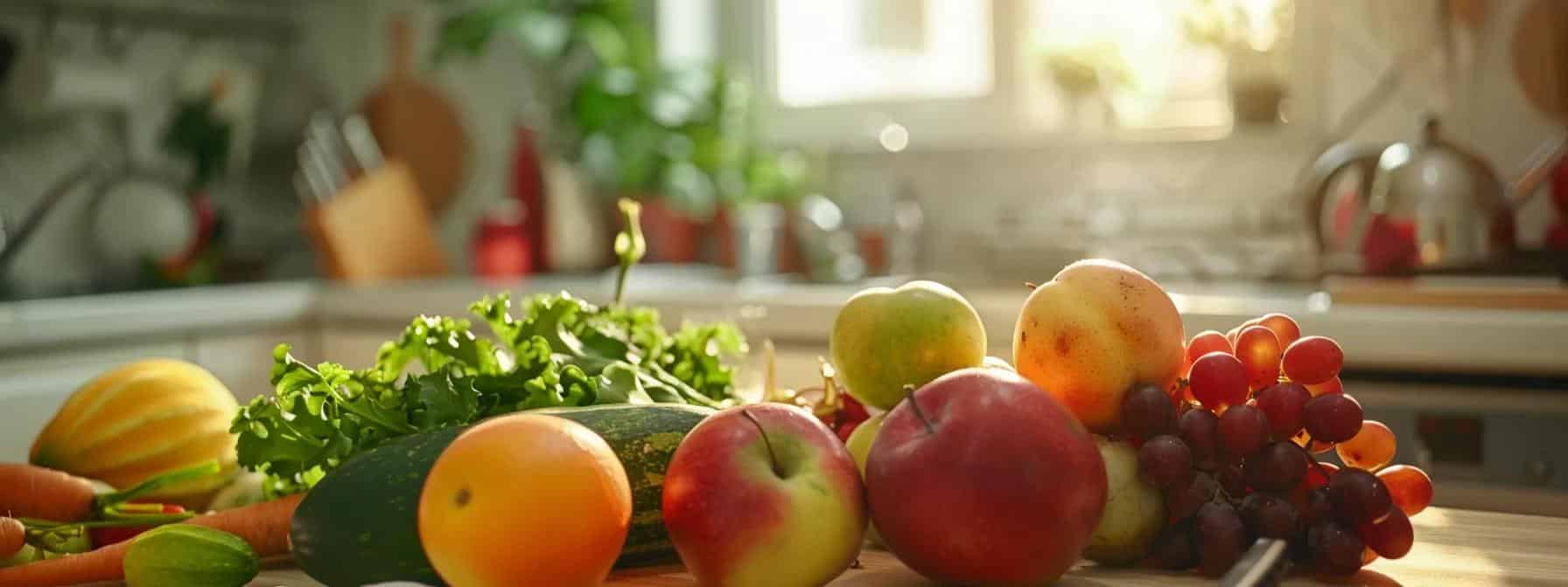 a focused close-up of vibrant, freshly harvested fruit surrounded by a clear, pest-free kitchen setting, illuminated by warm, natural light to emphasize the joy of healthy living.